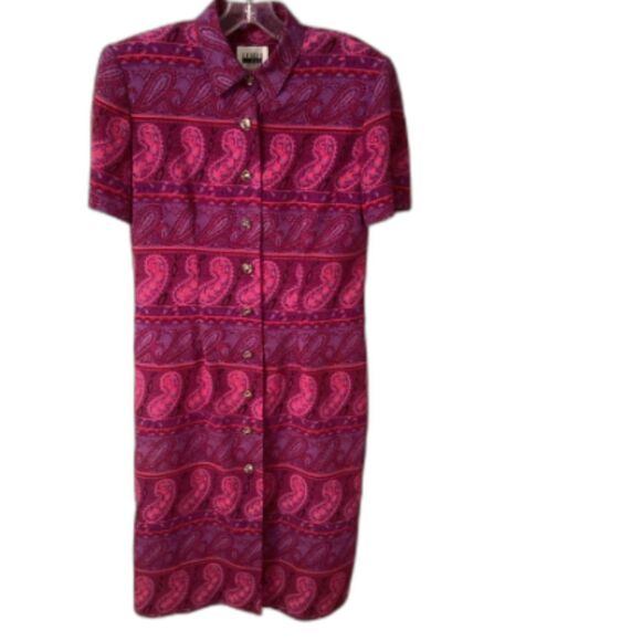 LESLIE FAY VINTAGE SZ 8 PINK PAISLEY BUTTON FRONT DRESS WITH SHOULDER PADS - Picture 1 of 9